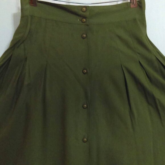 Vintage Rayon Button-Front Skirt Pleats Olive Green  Flowy Hunters Run Size 8 - Picture 5 of 9